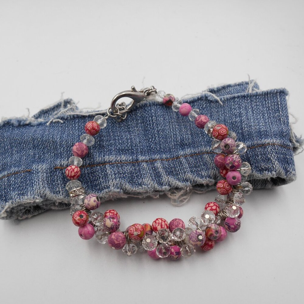 VIVA BRACELET POLYMER CLAY & CRYSTAL BEADS PINK PURPLE CRYSTAL ADJUSTABLE